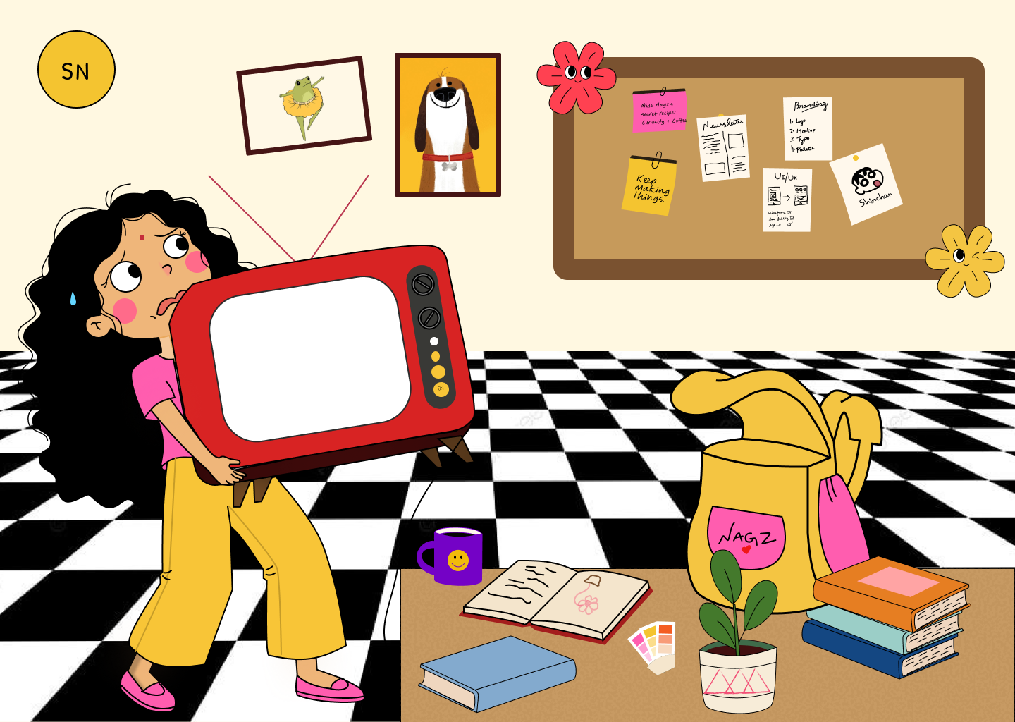 Illustration — designer carrying TV, workspace scene