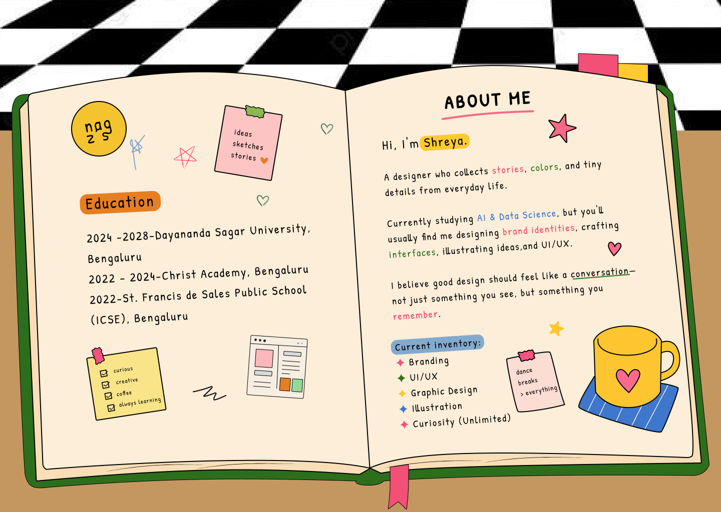 Illustration — open notebook spread, about me page
