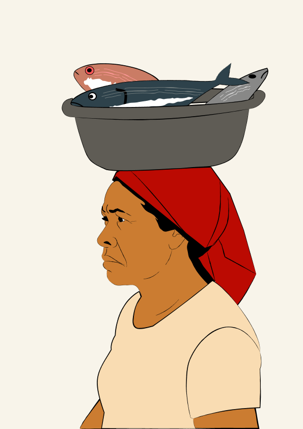 Illustration — woman carrying basket of fish